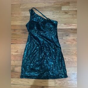 Lulus Teal Green Sequined One Shoulder Mini Dress Cocktail Party Small